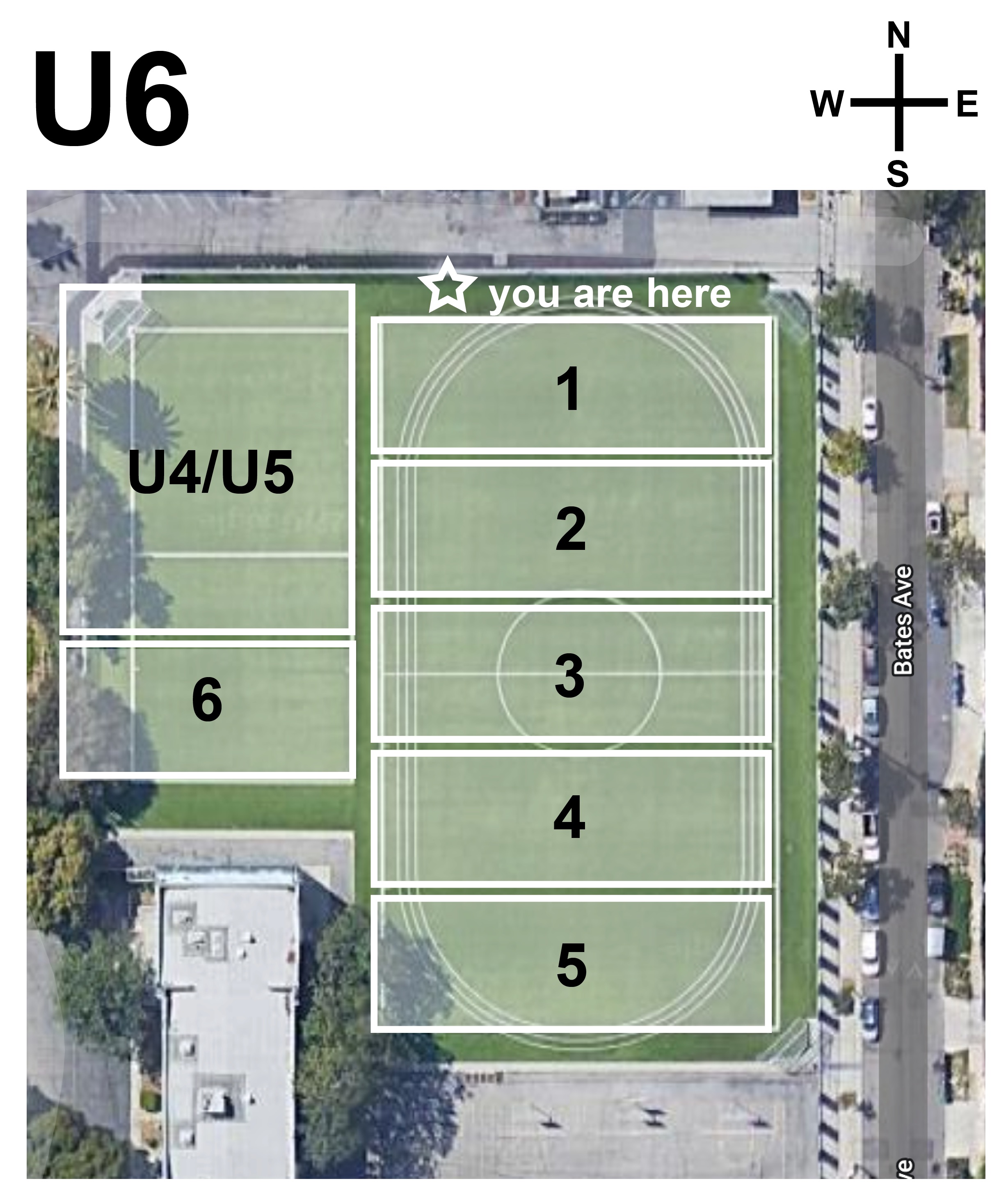 Saturday field map at Thomas Starr King Middle School showing the U4/U5 area and numbered U6 match fields