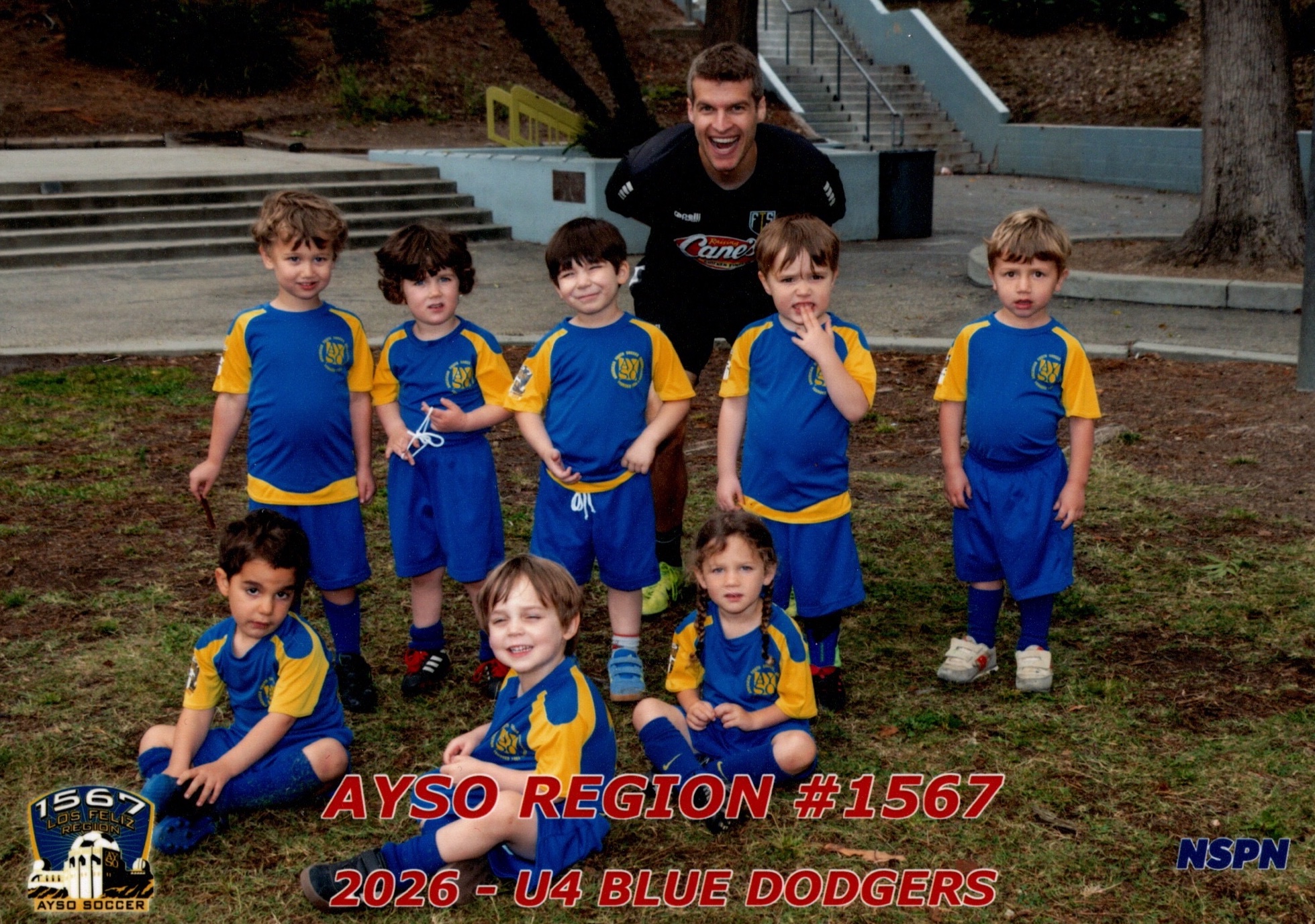 Spring 2026 U4 Blue Dodgers players and coach in blue and gold Los Feliz AYSO uniforms